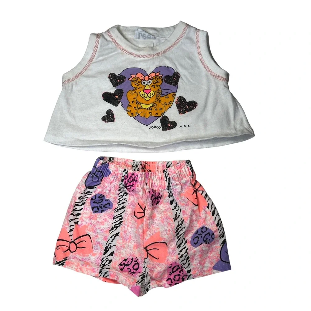 Vintage LEE Kids Leopard Heart Shorts Set Pink Purple White 90s‎ Graphic Outfit